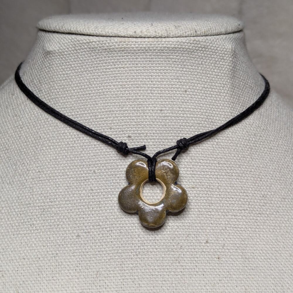 Brown Ceramic Flower Pendant Choker Necklace Handmade Boho Hippie Whimsical Y2K
